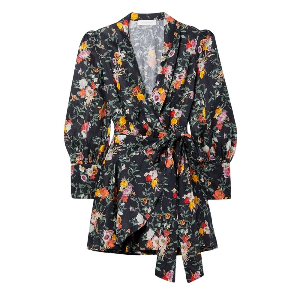 Zimmermann Printed Black Floral Linen Wrap Mini Dress Size US Small (4)